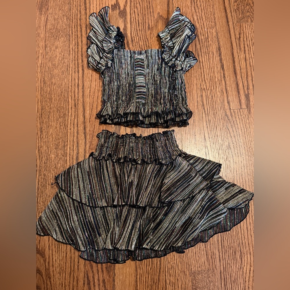 Flowers by Zoe Metallic Striped Ruffle Two-Piece Set in Black and Silver